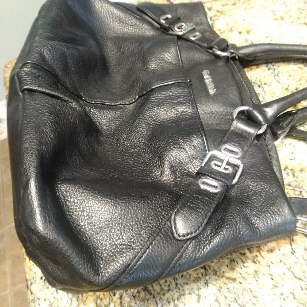 Calvin Klein Black Pebble Leather Convertible Satchel Shoulder Bag Buckle Accent